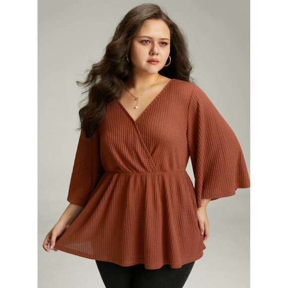 BLOOMCHIC Rust Orange Waffle Knit Flutter Sleeve Peplum Knit Top NWT Size 18-20 - Picture 1 of 9